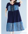 Vintage Ethnic Print Patchwork Short Sleeve Dress