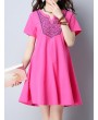 Vintage Women Embroidered V-Neck Short Sleeve Dresses