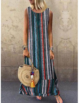 Ethnic Vintage Colorful Striped Sleeveless Maxi Dress