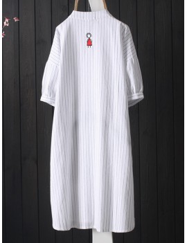 Vintage Embroidery Striped Short Sleeve Dress