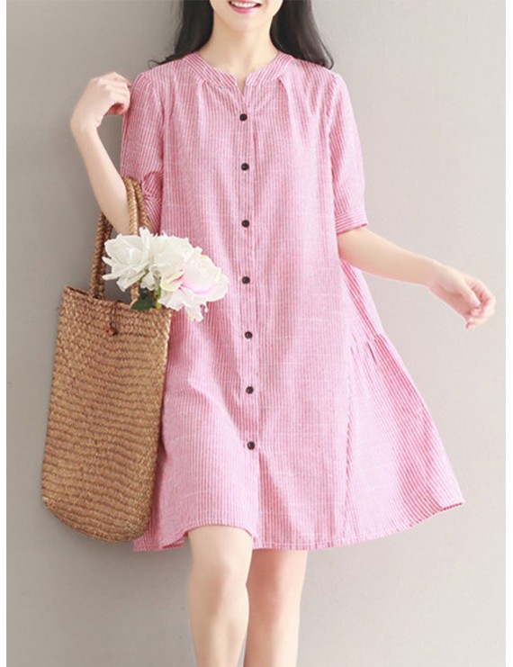 Women Stripe Vintage Short Sleeve Shirt Dresses