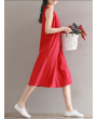 Women Vintage Sleeveless Pure Color Mid-Long Dresses