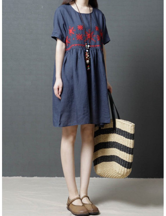 Short Sleeve Loose Embroidered O-neck Vintage Dresses