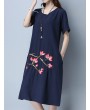 Vintage Floral Embroidery Short Sleeve O-neck Dress For Women