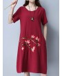 Vintage Floral Embroidery Short Sleeve O-neck Dress For Women