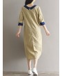 Casual Loose Patchwork 3/4 Sleeve O-neck Women Mid-long Dress