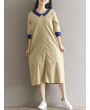 Casual Loose Patchwork 3/4 Sleeve O-neck Women Mid-long Dress