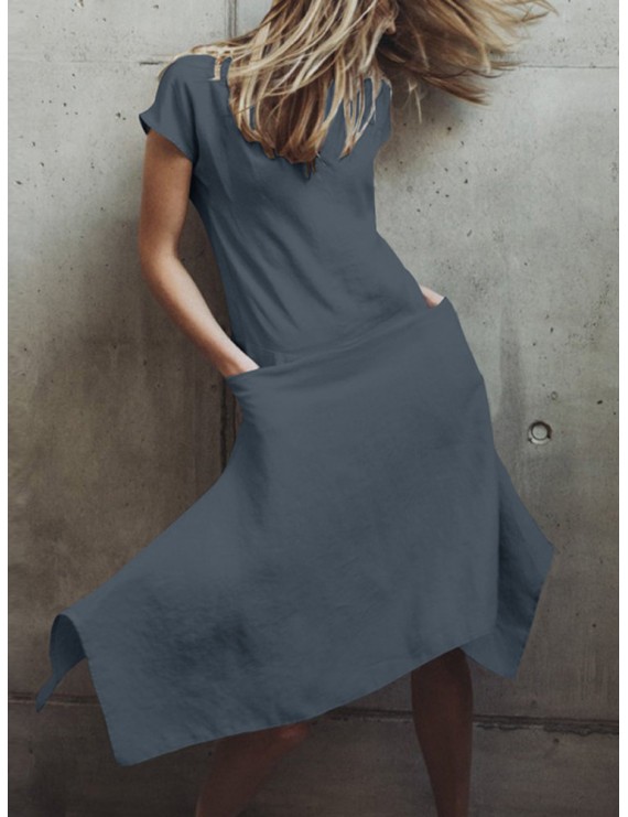 Solid Color Pockets Irregular Short Sleeve Casual Dress