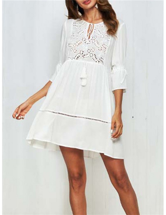 Boho Hollow Out O-Neck White Casual Dresses