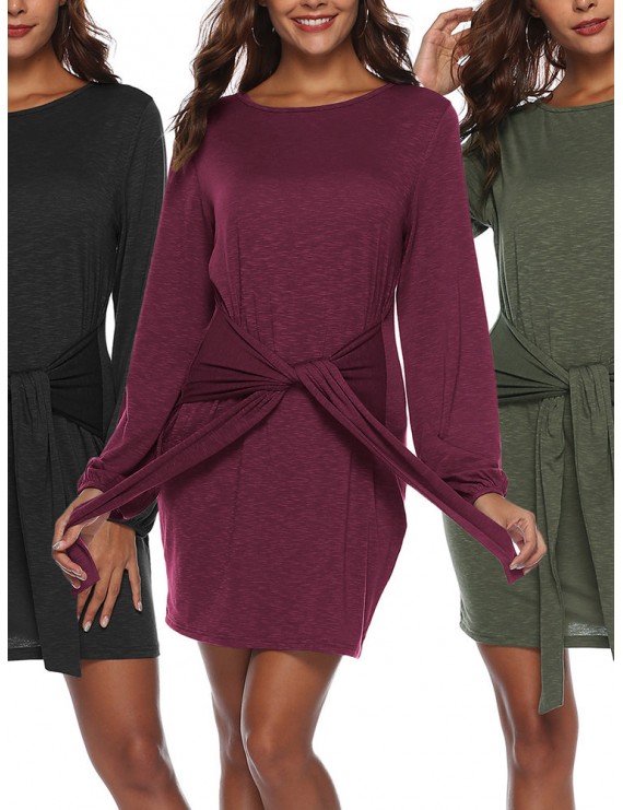 Solid Color Long Sleeve Drawstring Casual Dresses