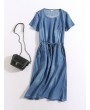 Denim Pocket Short Sleeve O-neck Casual Dresses