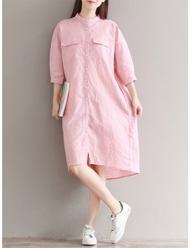 Casual Solid Color Loose Stand Collar 3/4 Sleeve Shirt Dress For Women