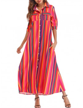 Front Button Fly Striped Pocket Casual Dresses