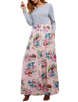 Floral Printed Striped Patchwork Maxi Casual Dresses