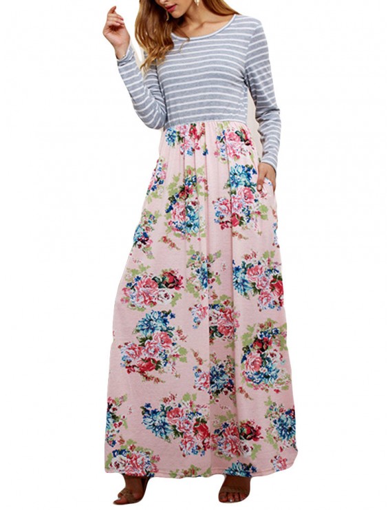 Floral Printed Striped Patchwork Maxi Casual Dresses