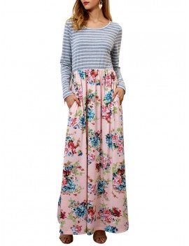 Floral Printed Striped Patchwork Maxi Casual Dresses