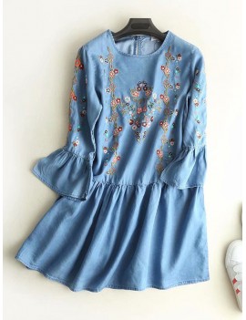 Denim Embroidery Long Pagoda Sleeve Casual Dresses