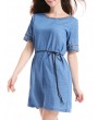 Casual Denim Patchwork O-neck Short Sleeve Mini Dress For Women