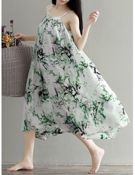 Flowy Ink Print Spaghetti Strap Loose O-neck Maxi Dress For Women