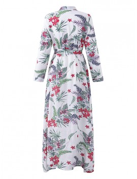 Bohemian Floral Print Splited Long Sleeve Lapel Women Maxi Dresses