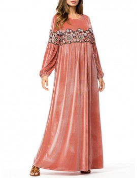 Islam Muslim Velvet Embroidery Pink Long Dress