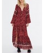 Women Ethnic Print Splited Long Sleeve Vintage Maxi Dress