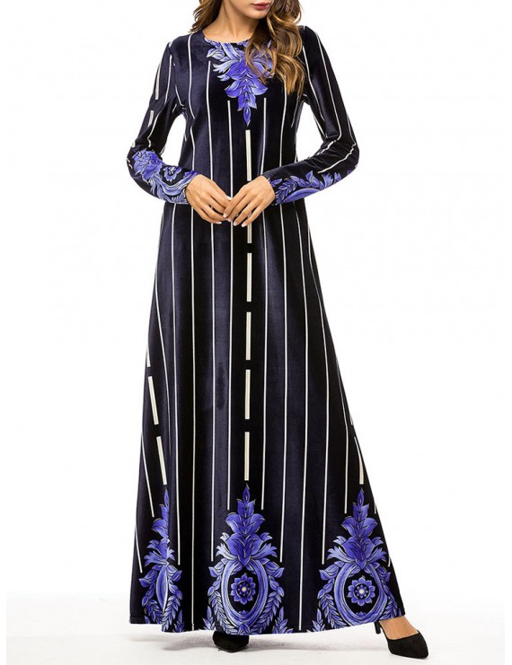 Muslim Velvet Striped Print Long Sleeve Long Dress