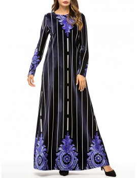 Muslim Velvet Striped Print Long Sleeve Long Dress