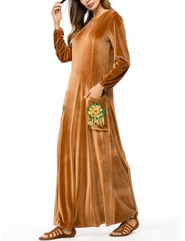 Islam Muslim Velvet Embroidery Pocket Brown Long Sleeve Dress