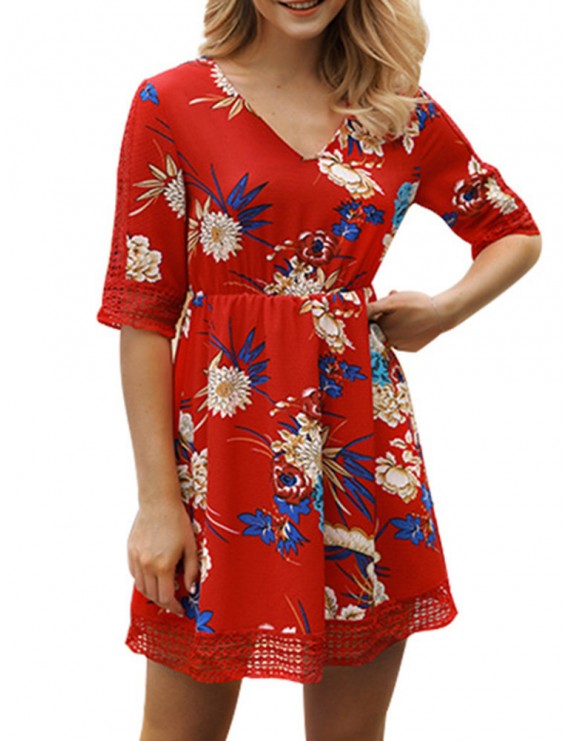 Bohemian Floral Printed V-neck Half Sleeve Mini Dresses