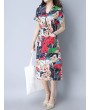 Vintage Random Print Short Sleeve V-neck Dress For Women