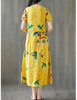 Frog Button Print Short Sleeve O-neck Vintage Dresses