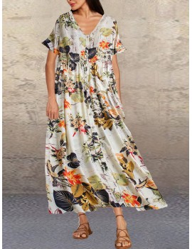 Leaves Floral Print Button Short Sleeve Vintage Dress