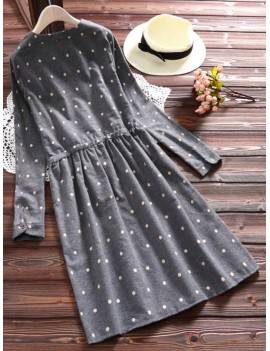 Polka Dot Print Drawstring Waist Long Sleeve Vintage Dresses