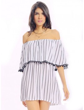 Women Sexy Off-shoulder Stripe Backless Loose Half Sleeve Mini Dress