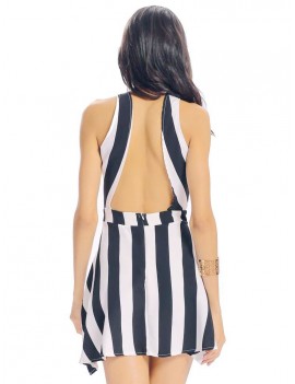 Women Sexy Stripe Halter Hollow Pleated Backless Sleeveless Mini Dress