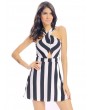 Women Sexy Stripe Halter Hollow Pleated Backless Sleeveless Mini Dress