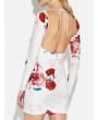 Ink Floral Print Backless V-neck Long Sleeve Women Mini Dress