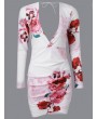 Ink Floral Print Backless V-neck Long Sleeve Women Mini Dress