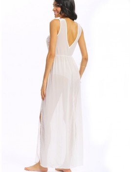 Woven Sexy Tassels Backless Sleeveless Slit O Neck Maxi Dress